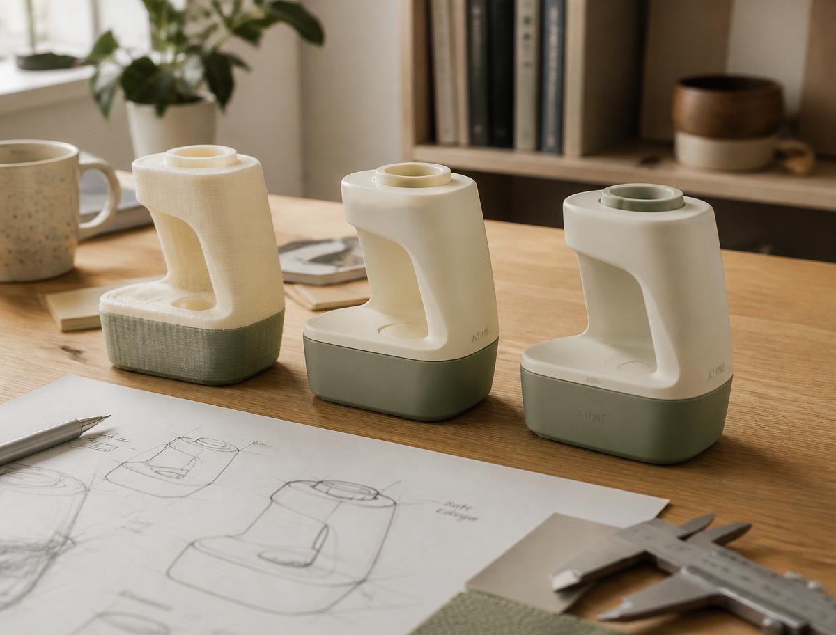 Three 3D-printed ACME product iterations lined up beside a sketch and calipers.