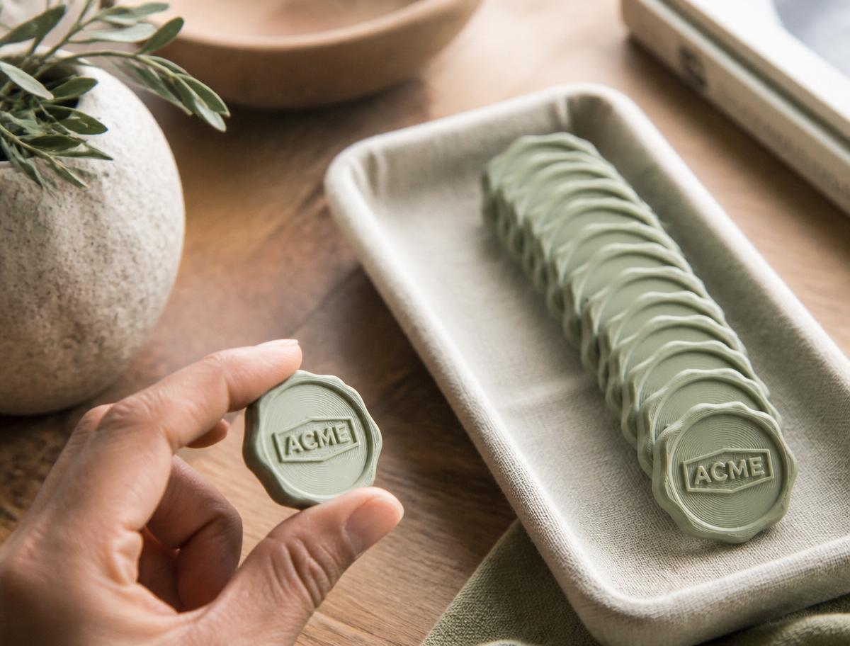 Row of sage 3D-printed ACME wax-seal booth tokens in a linen tray.