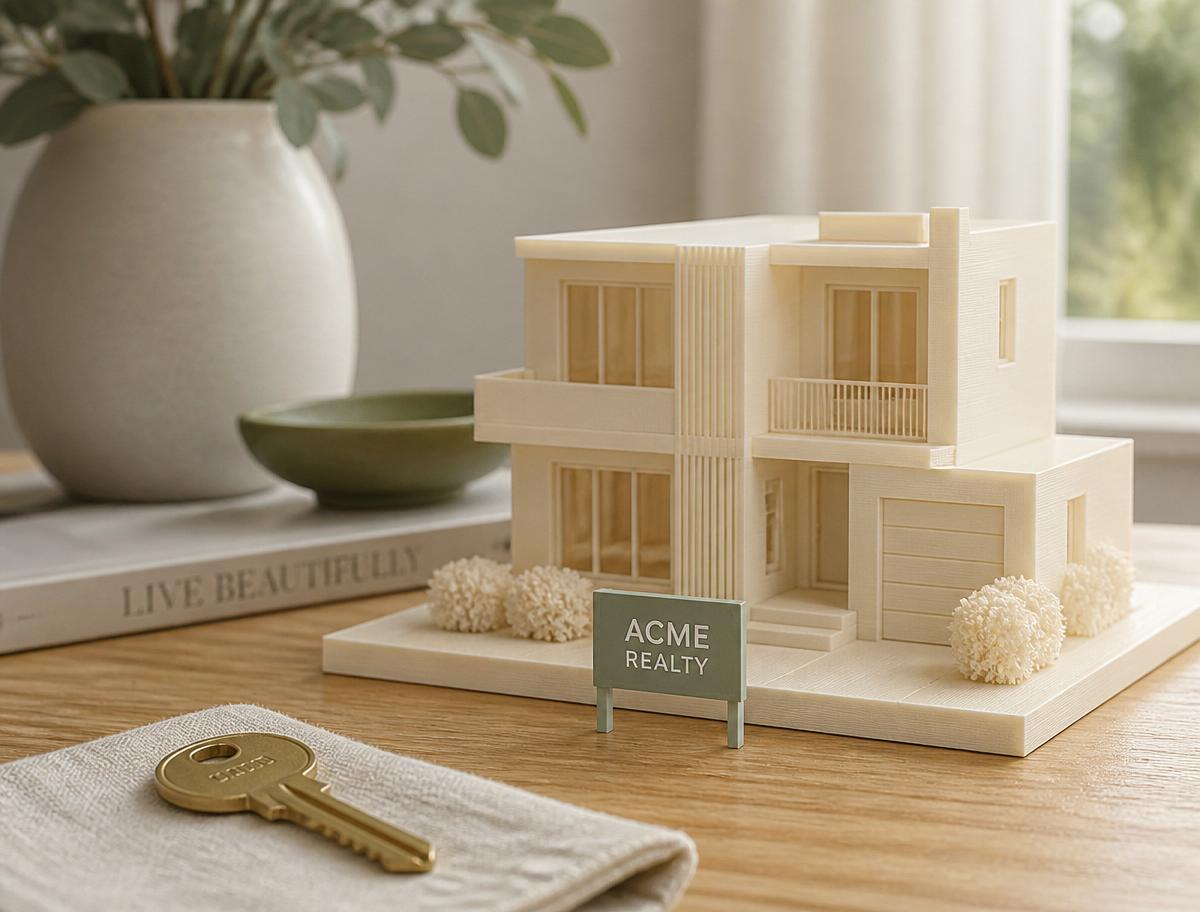 3D-printed miniature house with a tiny ACME Realty yard sign and a brass key.