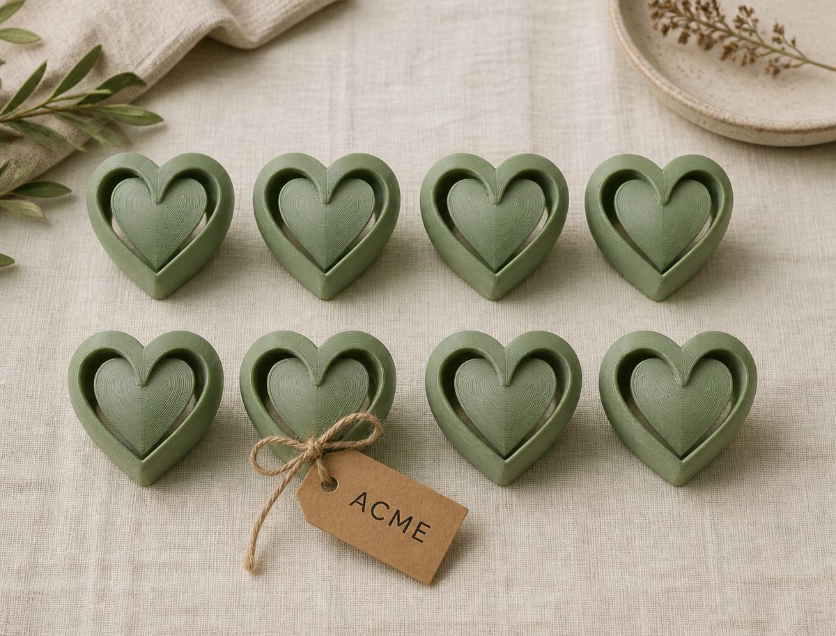 Grid of eight sage 3D-printed heart favors with a small ACME kraft tag.