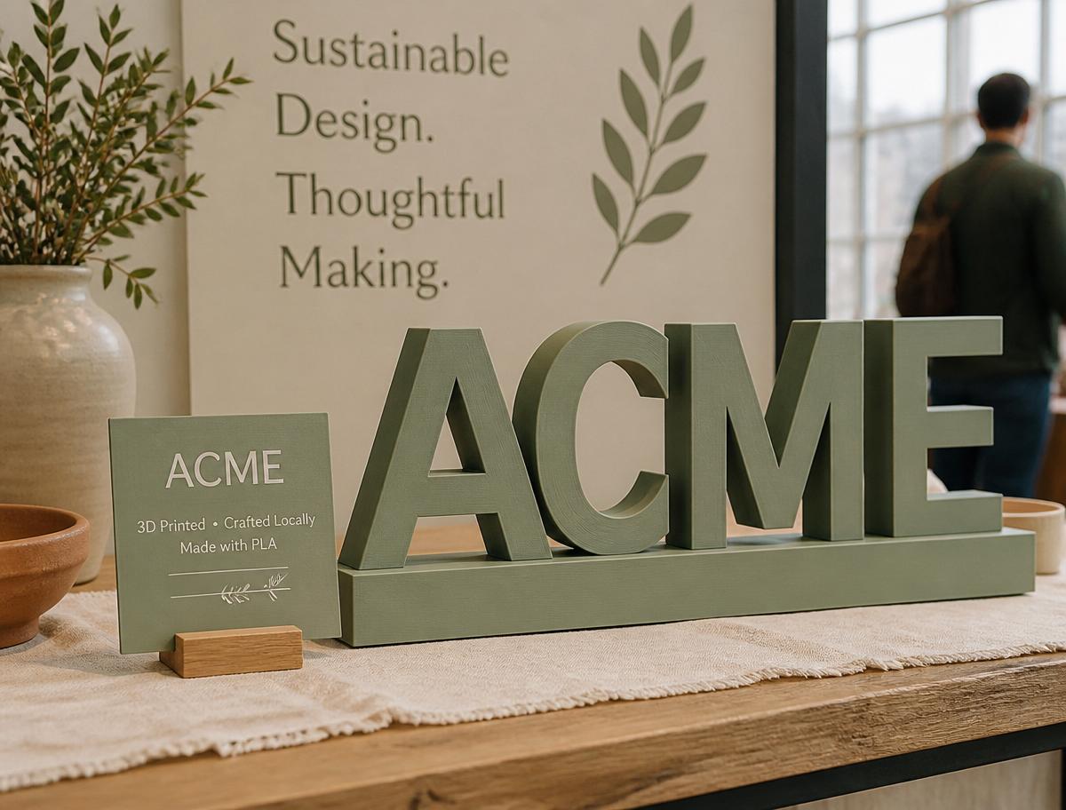 3D-printed freestanding ACME logo standee and table sign on a trade-show table.