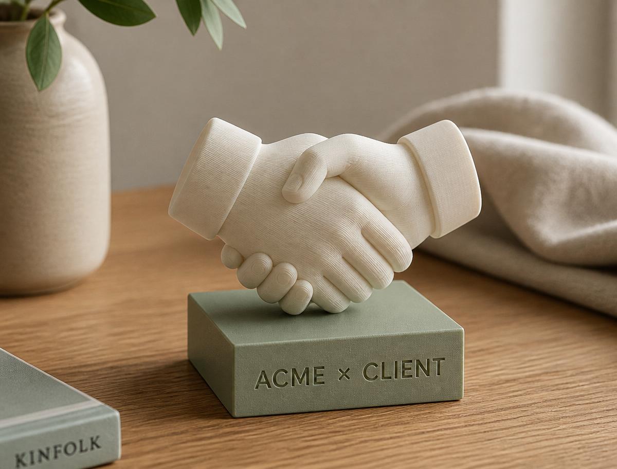 3D-printed handshake trophy on a sage base engraved ACME × CLIENT.
