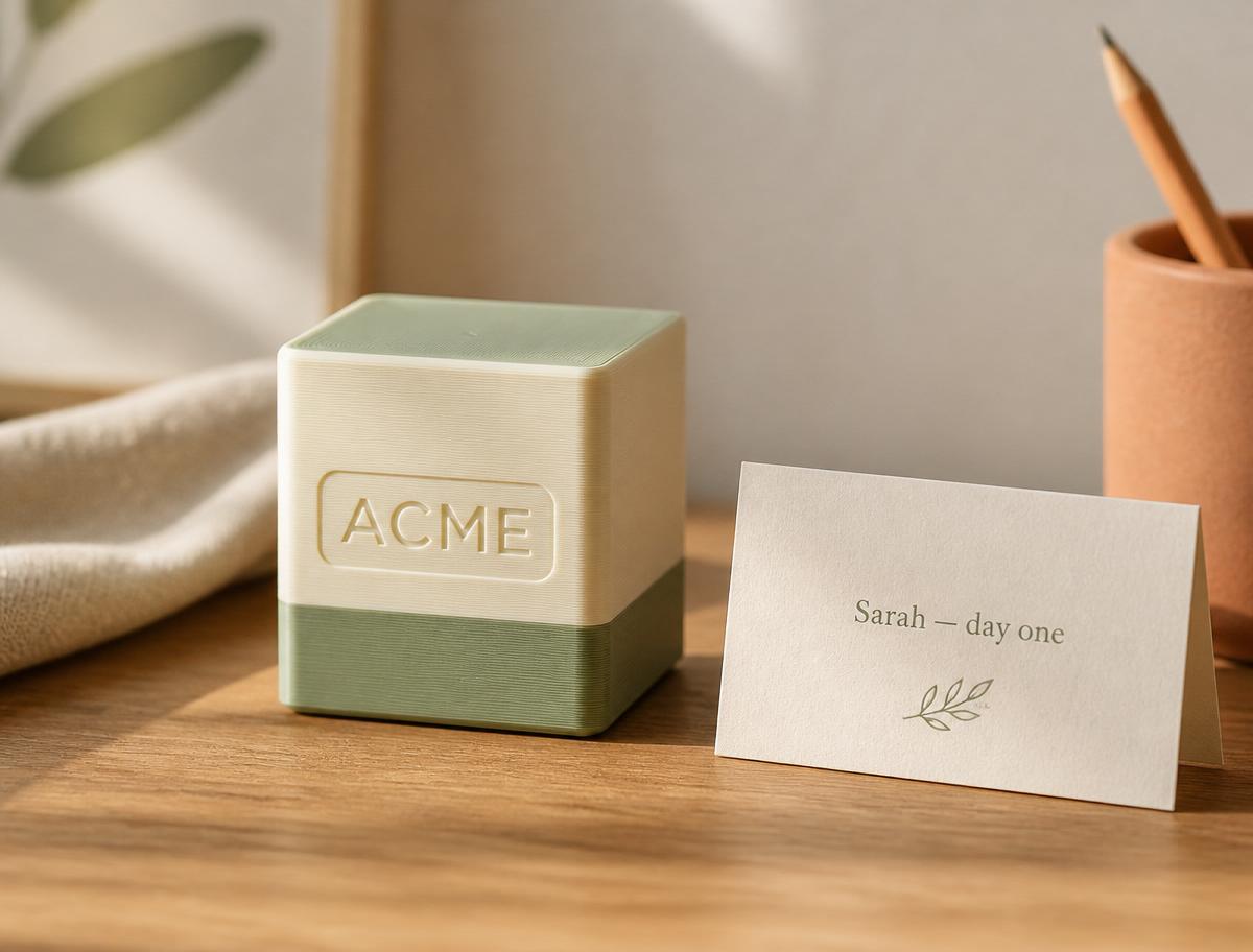 3D-printed ACME welcome desk cube next to a Sarah — day one name card.