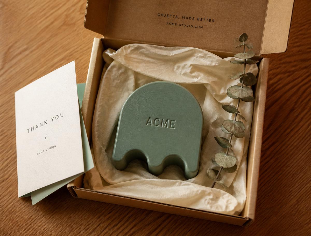 Open kraft mailer with a sage 3D-printed ACME press piece, tissue and thank-you card.