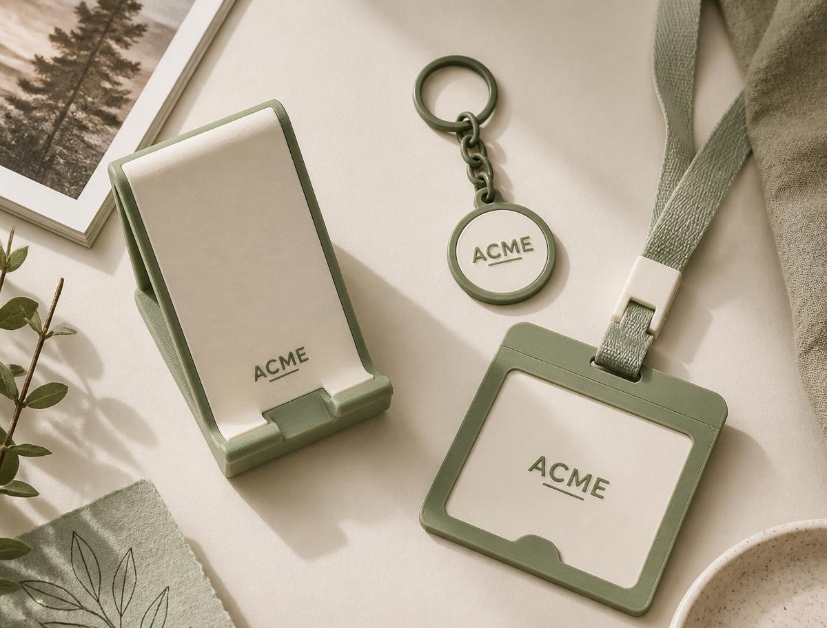 Flat-lay of 3D-printed ACME phone stand, keychain and badge holder in sage and cream.