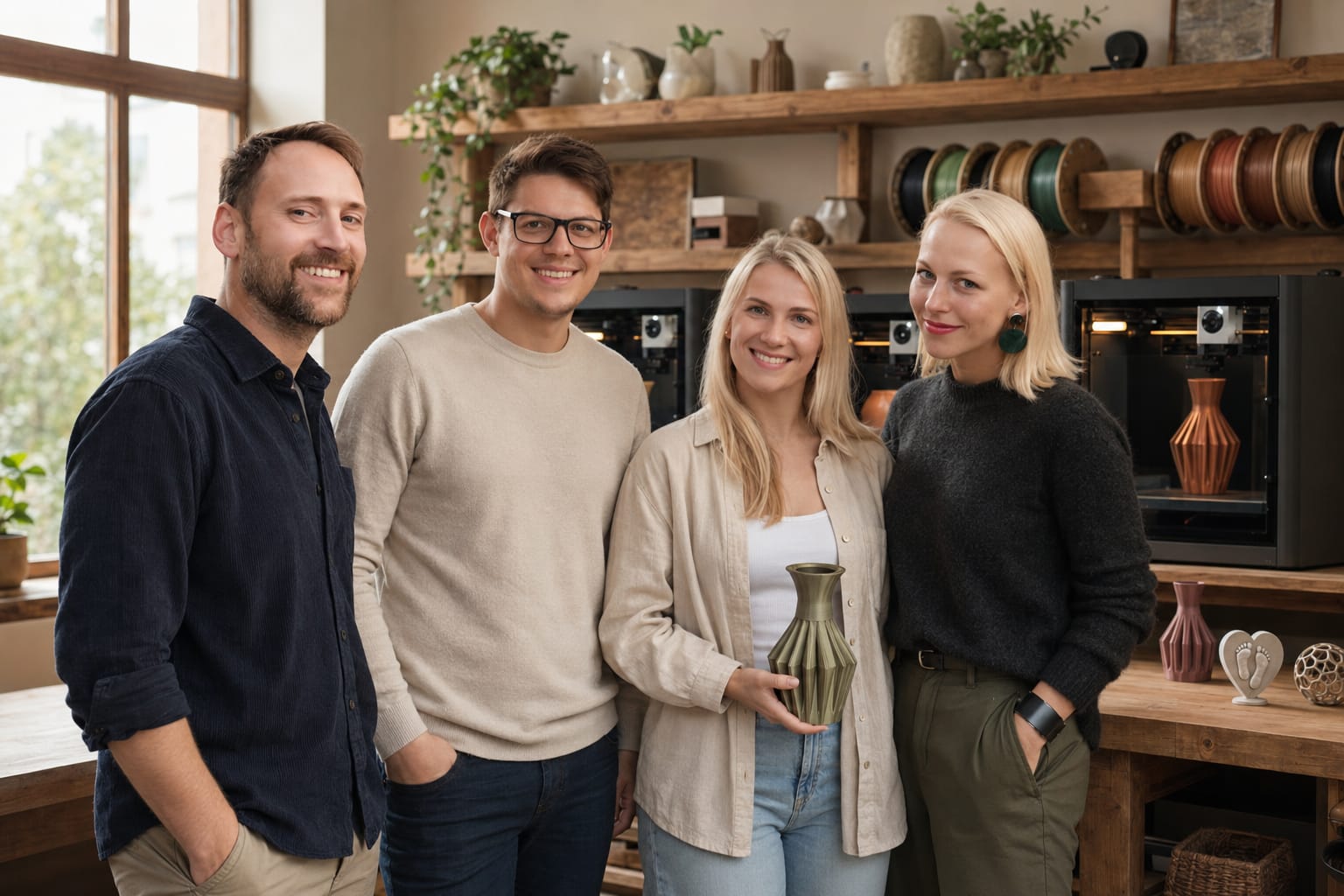 The four MadeDear founders — Olgerts, Guntis, Linda and Laura — standing in the studio in front of the 3D printers and filament shelf, holding a printed vase.