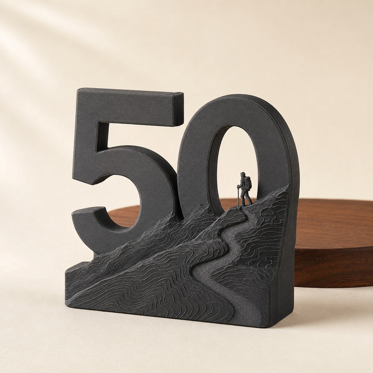 A bold matte-black 3D-printed sculpture of the number "50" on a wooden shelf — a MadeDear personalised milestone birthday keepsake.