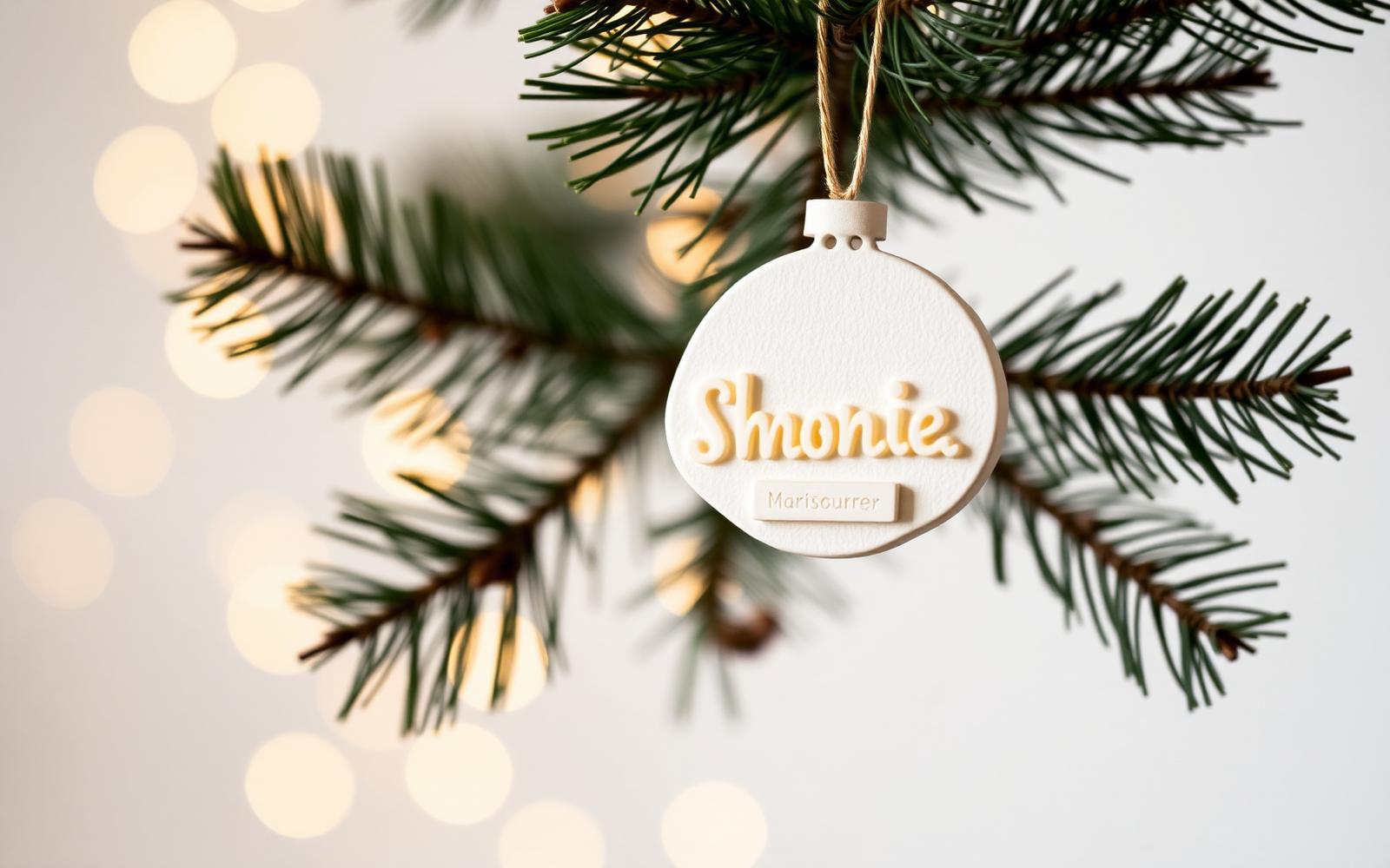 A personalised Christmas ornament of a family, hanging on a decorated tree