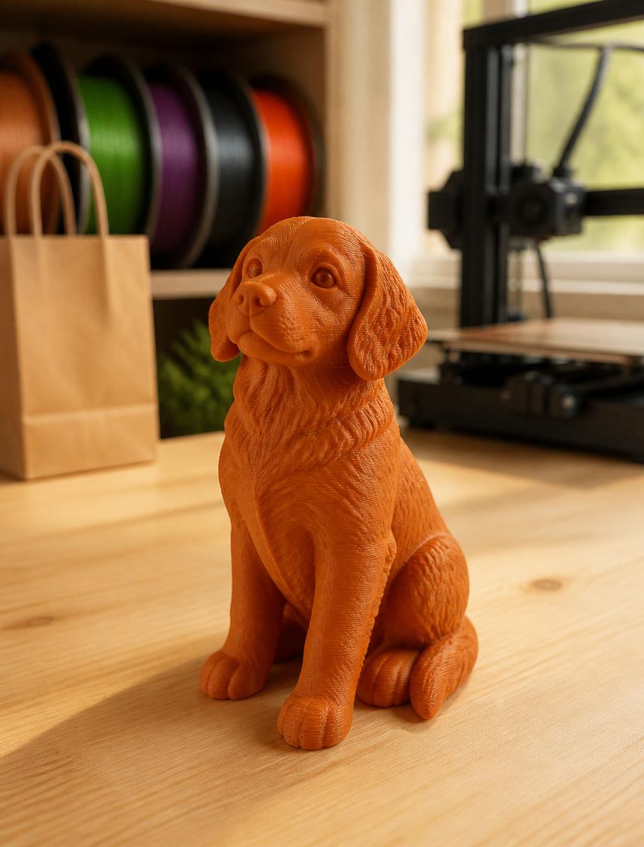 The finished 3D-printed figurine of the same golden retriever puppy, delivered from MadeDear's studio