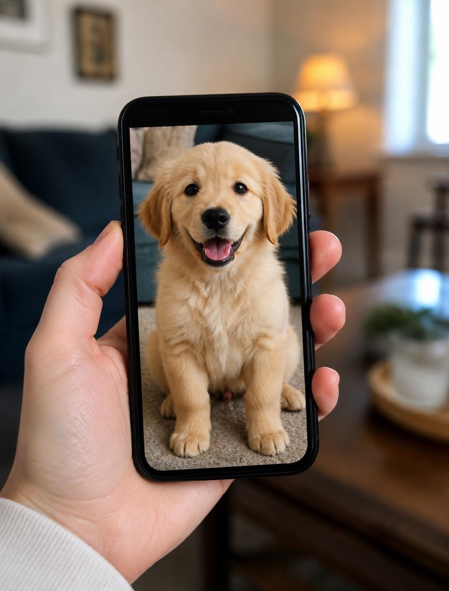 A phone showing a photo of a golden retriever puppy — the input image for MadeDear's photo-to-3D print service