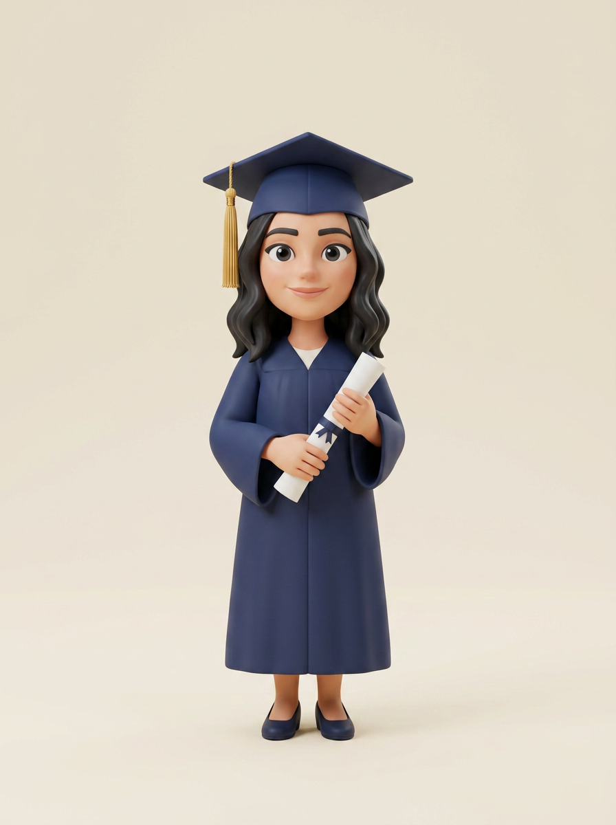 The same graduation photo turned into a rotatable 3D preview of Mia's figurine
