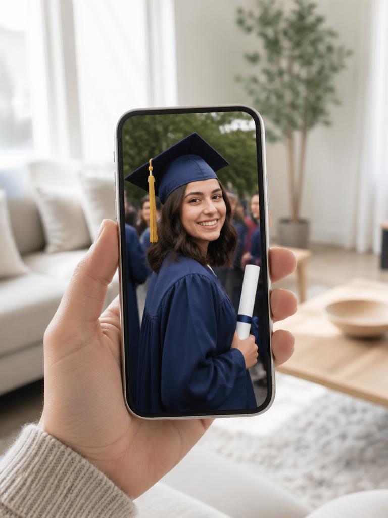 Phone showing the original photo of Mia in her cap and gown on graduation day
