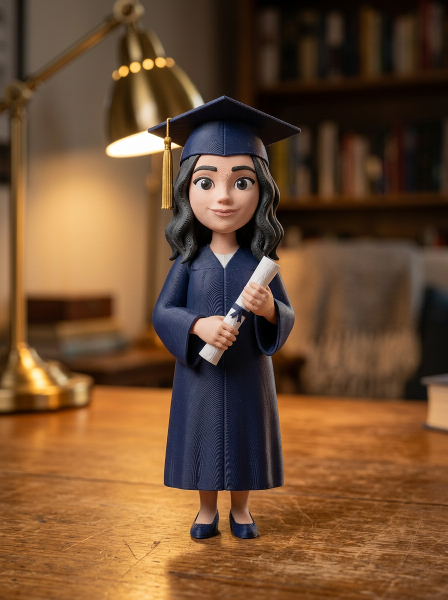 The finished 3D-printed graduation figurine of Mia standing on a desk