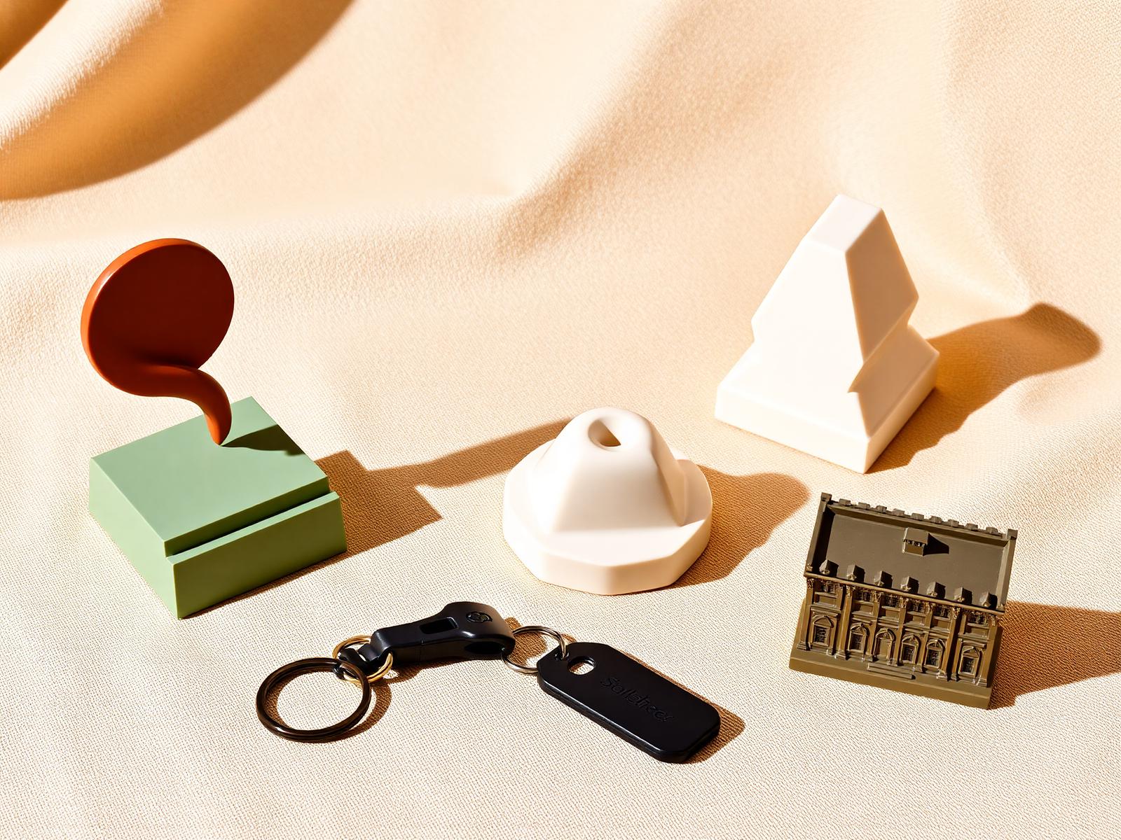 A curated set of custom 3D-printed corporate gifts arranged on cream linen — a small trophy, desk paperweight, keychains and an architectural miniature.