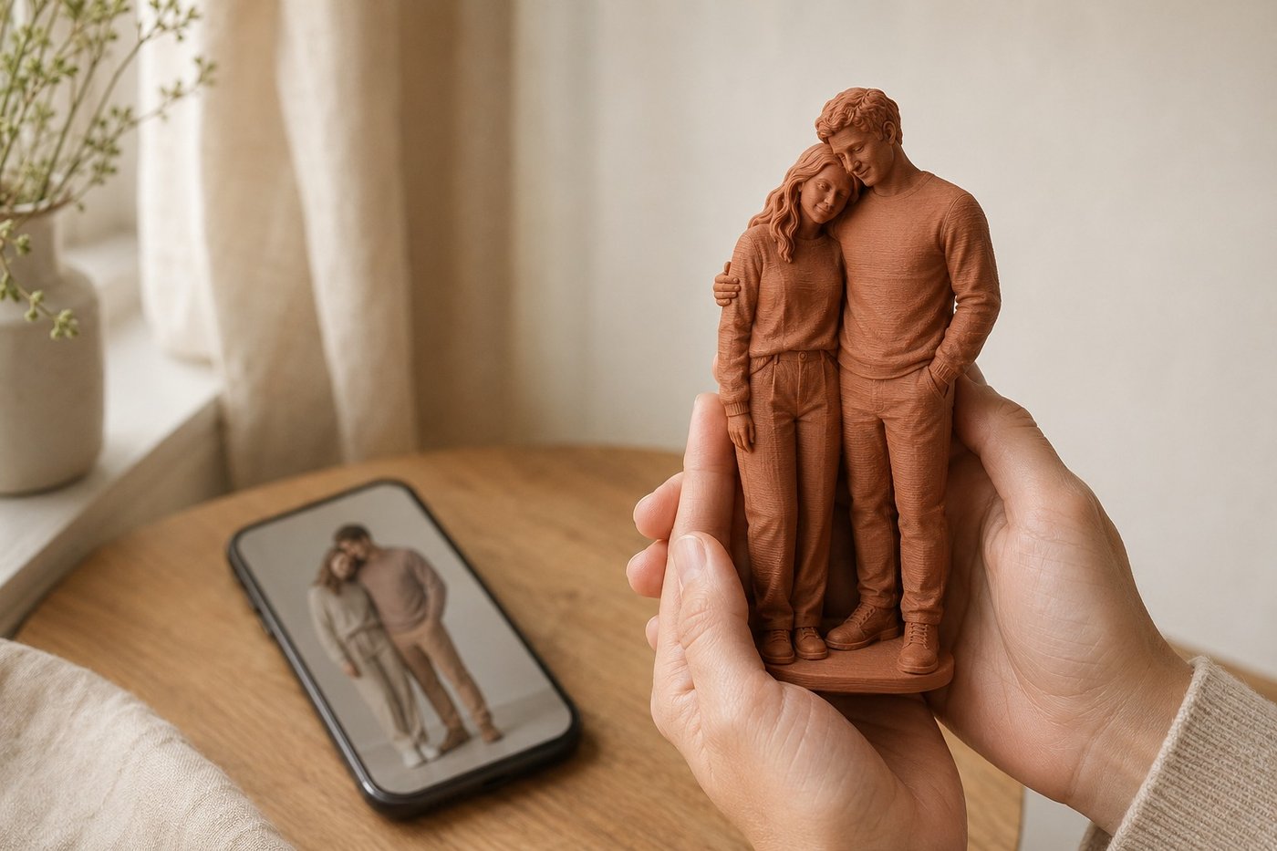 A 3D-printed terracotta figurine of a couple, held in hand next to the reference photo shown on a phone — a custom MadeDear piece made from a photo.