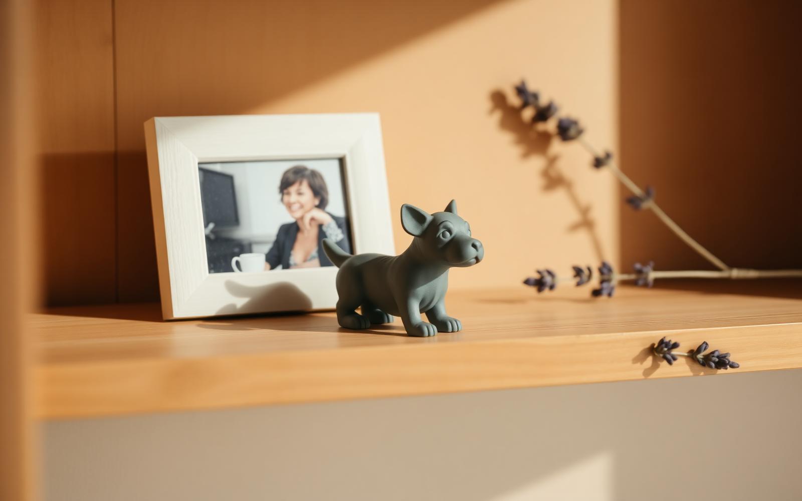 A personalised figurine of a golden retriever displayed next to a framed photo of the dog