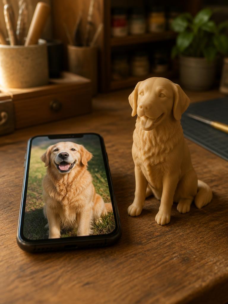 A pet photo on a phone beside the finished 3D-printed keepsake made from it