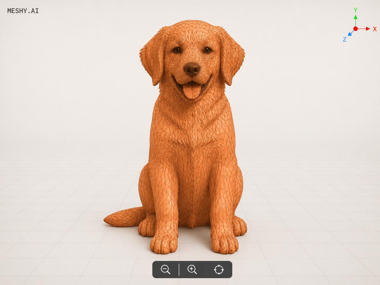 Step 2 — AI 3D model creation: rotatable 3D model of the golden retriever puppy generated from the uploaded photo, ready to preview in the browser