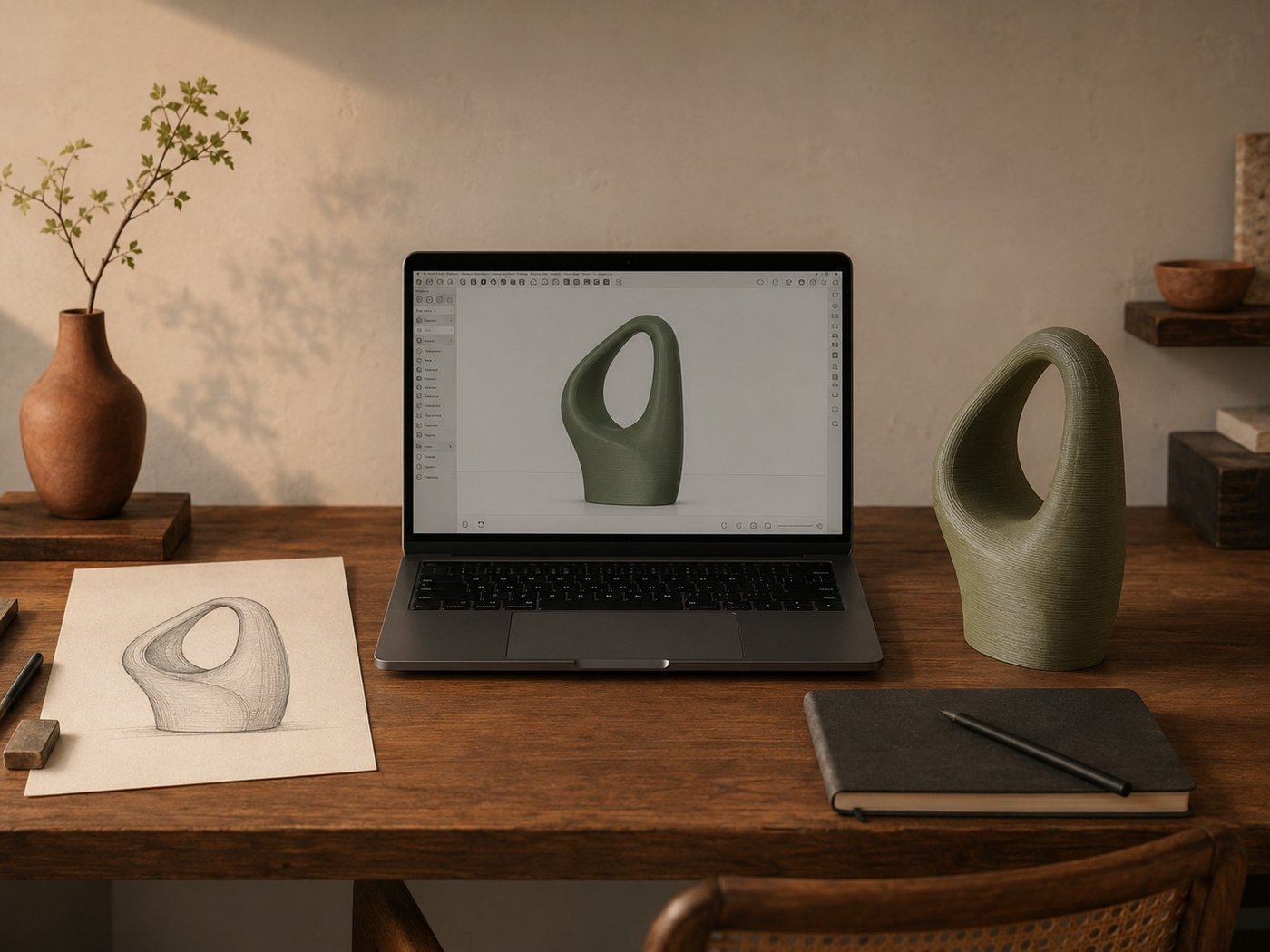 Step 2 — 3D model preview: a laptop screen showing a rotatable 3D model generated from the uploaded photo, next to a green test print and a design sketch on the studio desk.