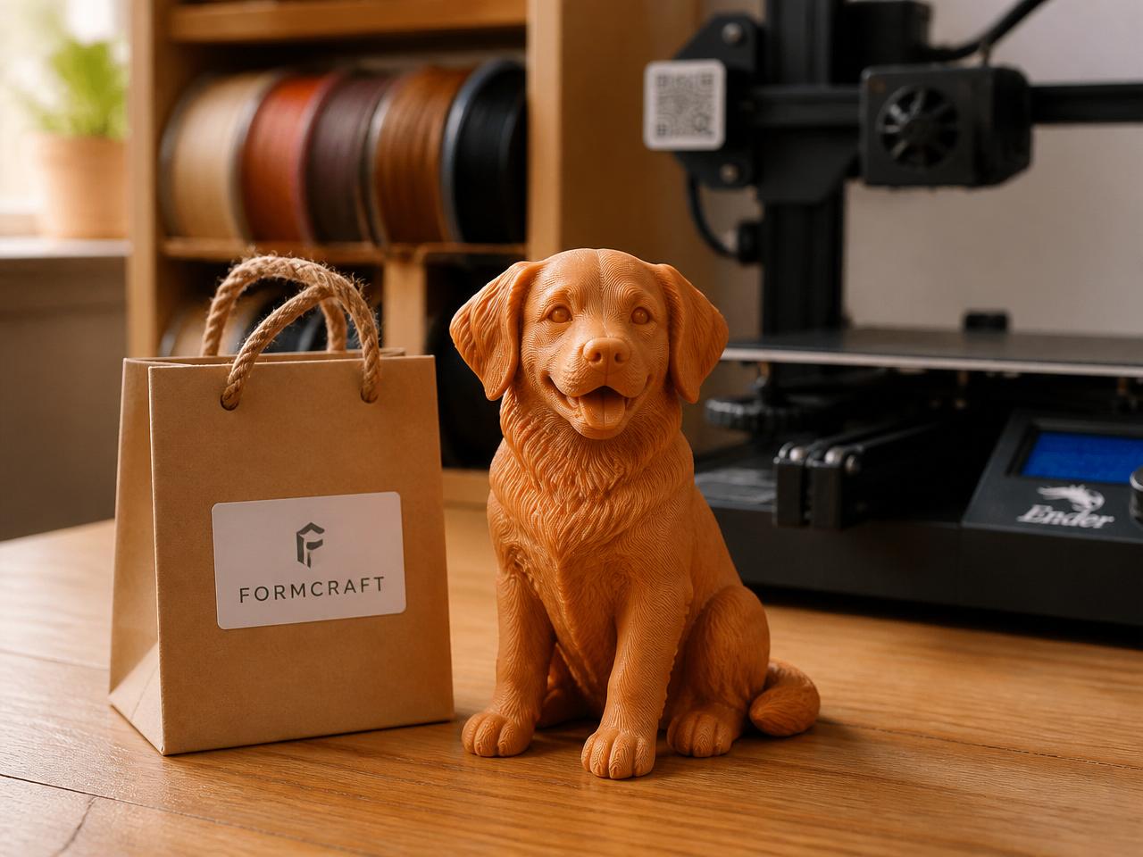 Step 3 — order your 3D print: finished 3D-printed figurine of the golden retriever puppy packaged in a MadeDear gift box, ready to ship