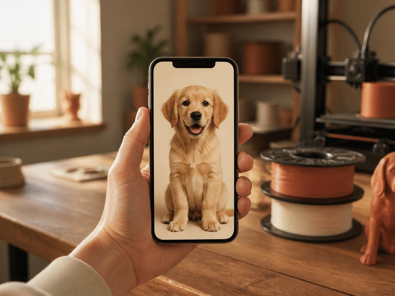 Step 1 — upload a photo: customer uploading a smartphone picture of a golden retriever puppy to MadeDear's photo-to-3D-print tool