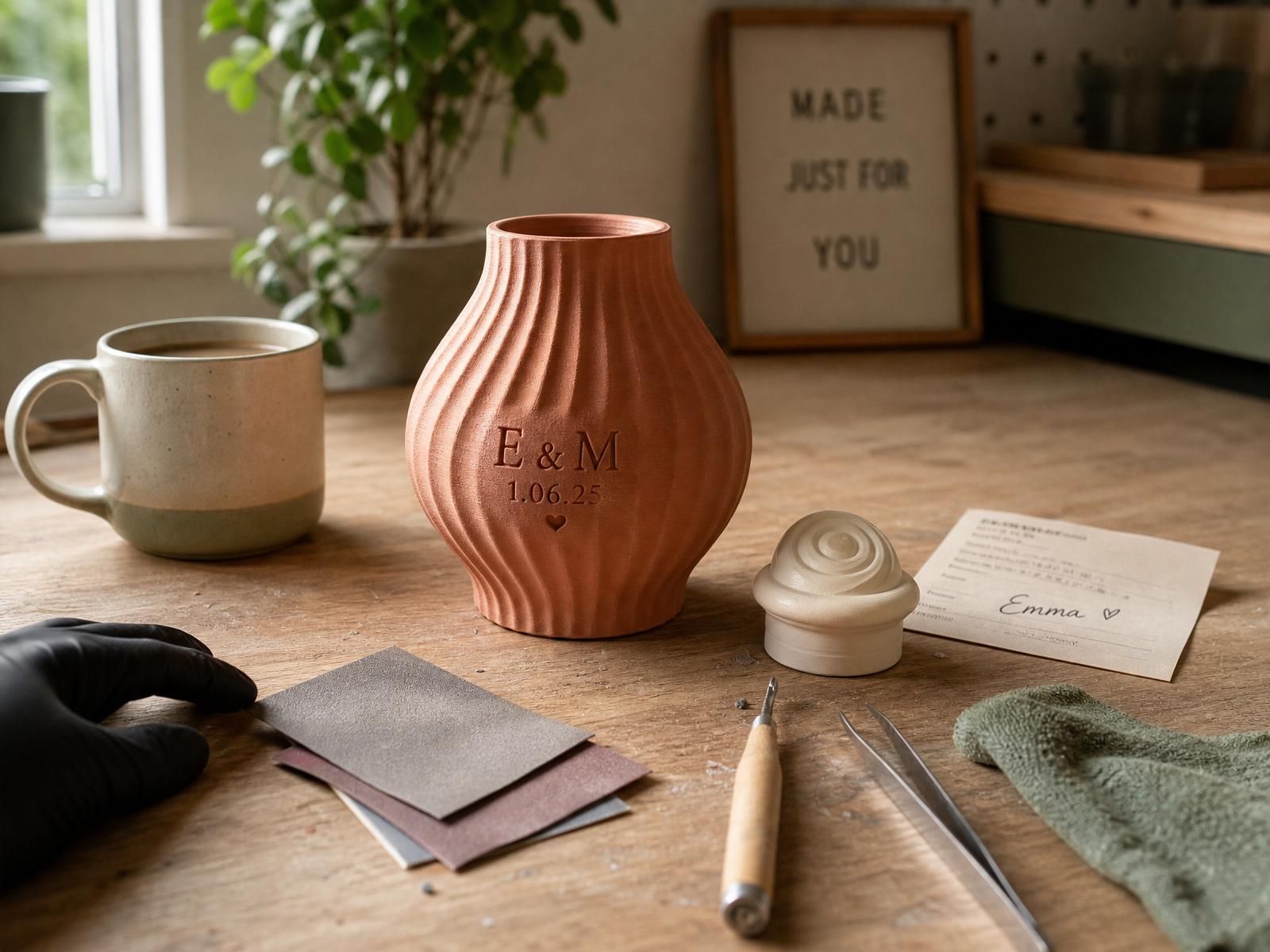 Freshly printed personalised terracotta vase on the oak finishing bench, surrounded by sandpaper, a deburring tool and a handwritten order slip — mid hand-finishing.
