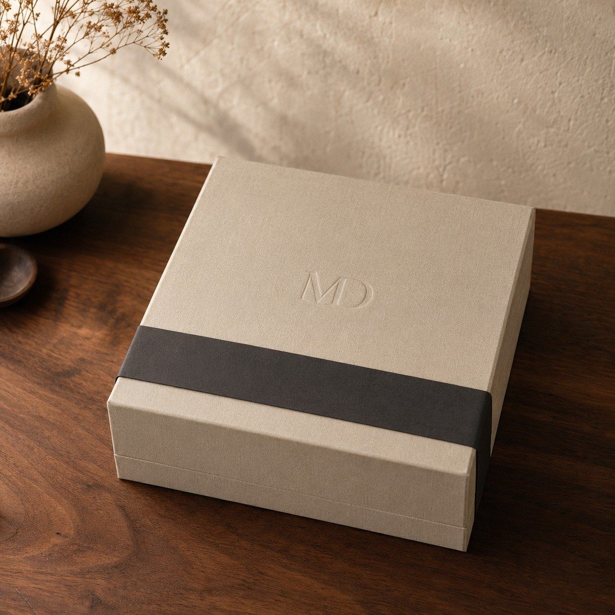A cream MadeDear gift box embossed with the MD monogram, shown open to reveal a personalised monogram coaster and a handwritten thank-you note inside.