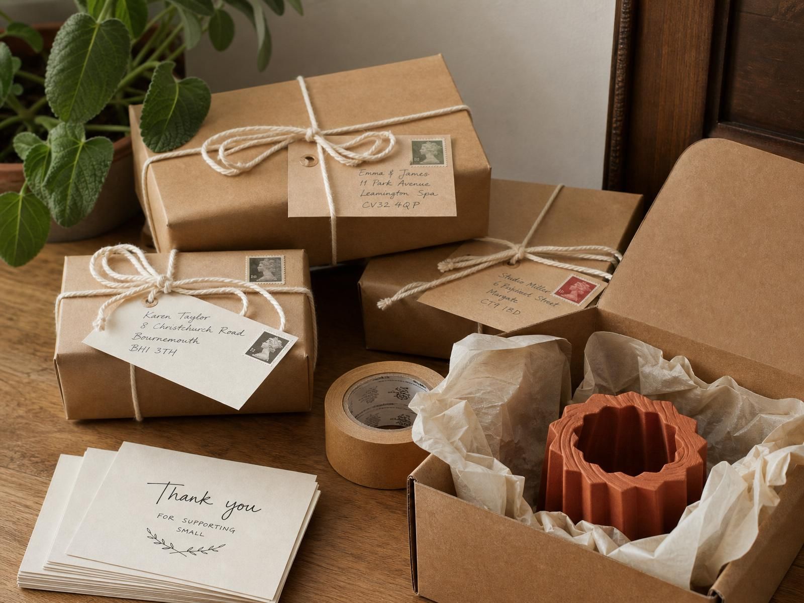 Dispatch corner of the MadeDear studio: kraft-paper parcels tied with cotton twine, hand-written address cards and thank-you notes stacked and ready to ship.