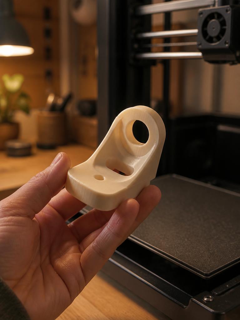 A GLB 3D model file on screen beside the same object printed in PLA
